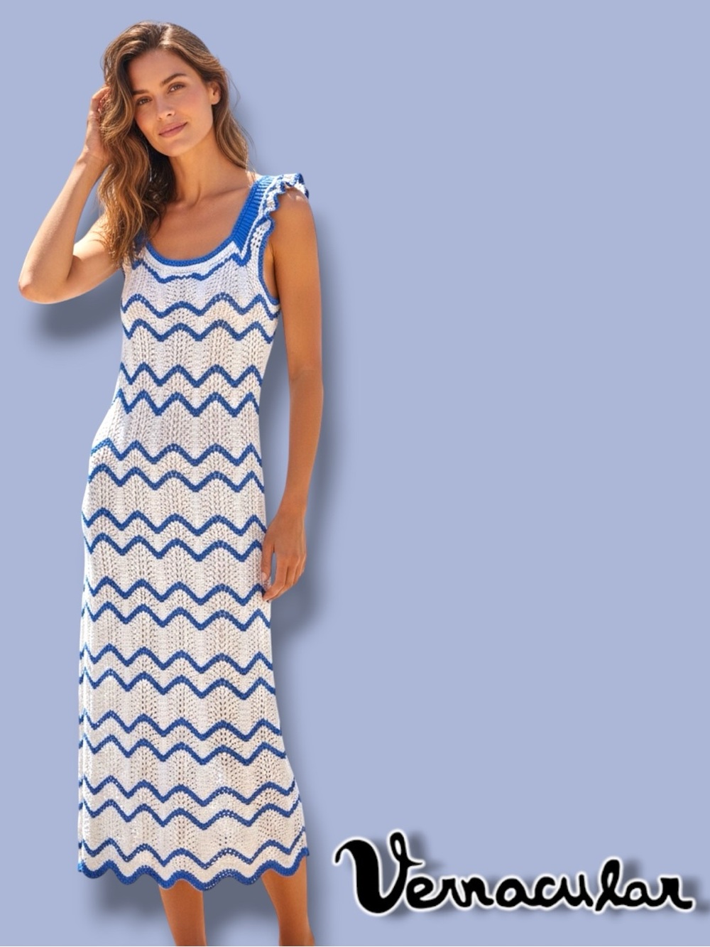 NWOT Vernacular Knit Blue and White Midi Dress. Size XS